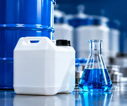 Bombona, galão e vidraria de laboratório com solução azul